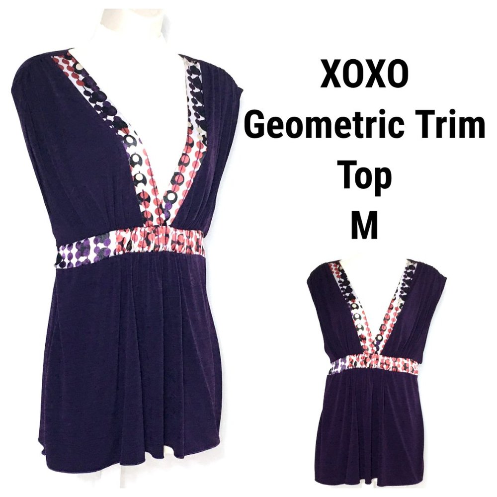 XOXO Purple Red Tan Black White Top Blouse Shirt M Geometric Circle Dots Print